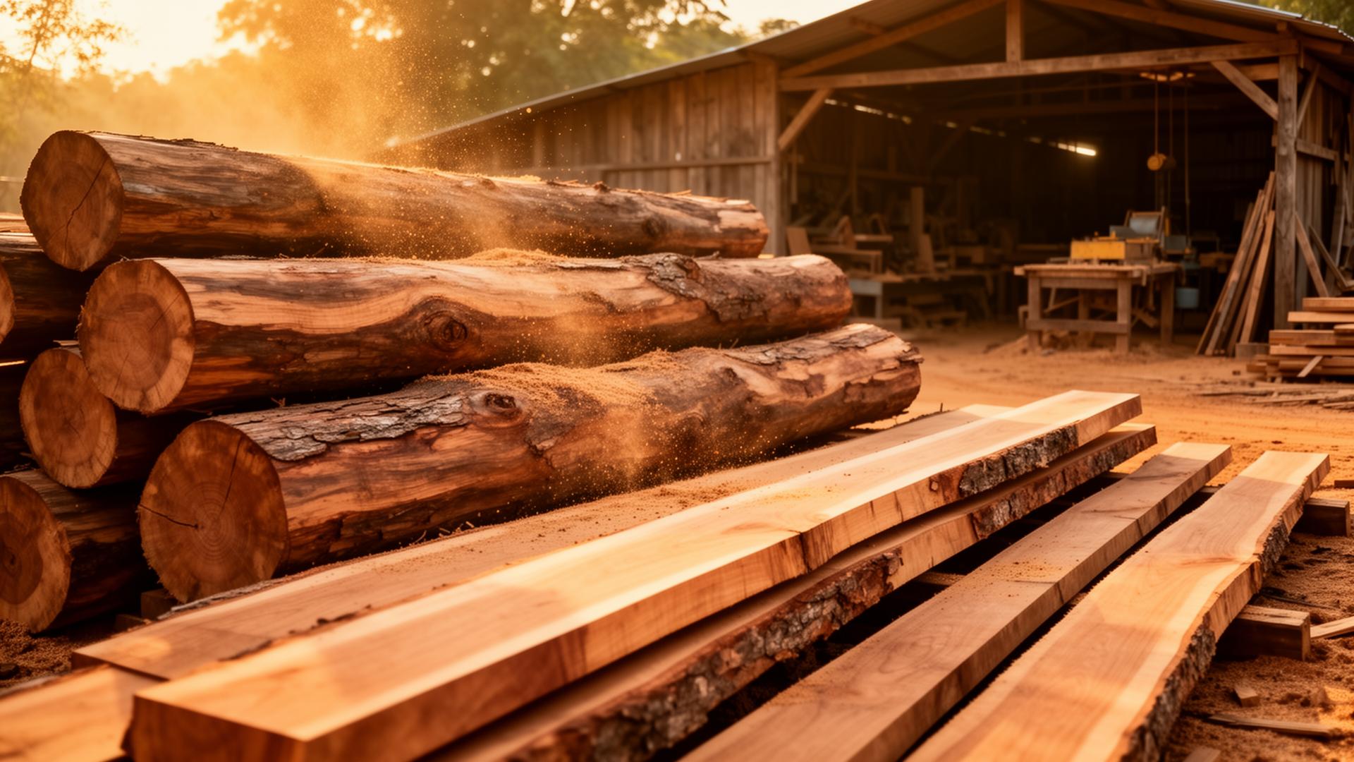 Sana Saw Mill timber yard with stacked teak logs