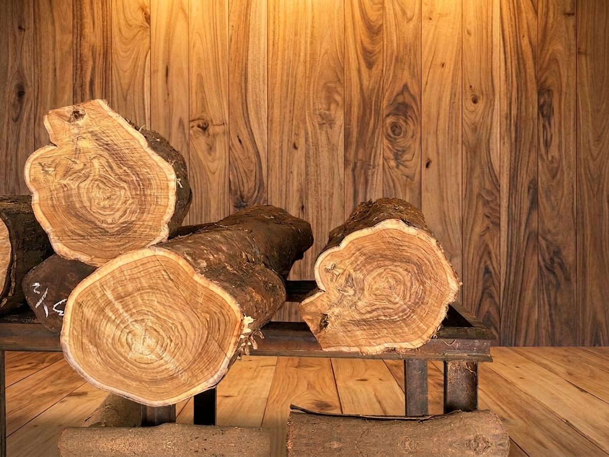 Cross-sections of premium teak logs at Sana Saw Mill showing wood grain rings