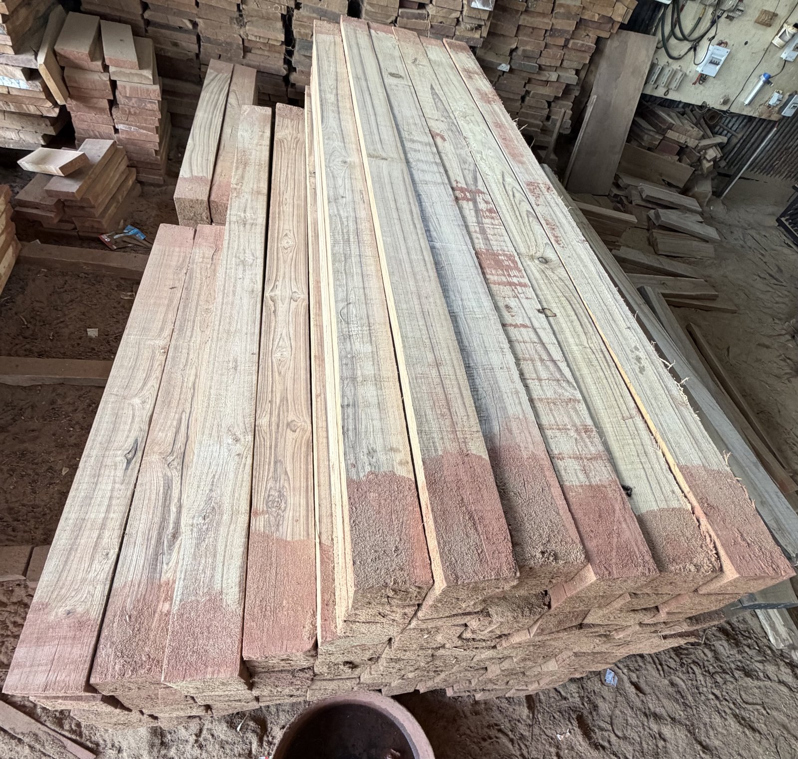 Overhead view of teak planks at Sana Saw Mill