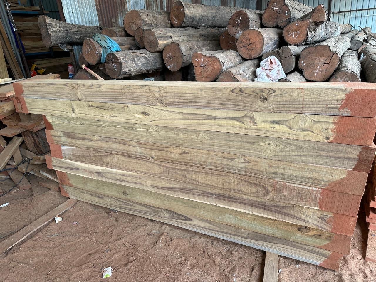 Stacked teak planks with logs in background